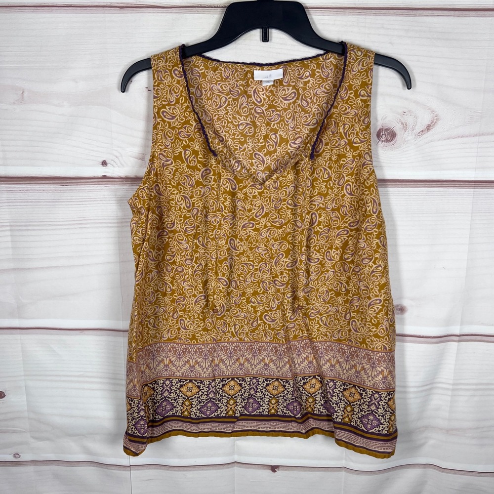J. Jill Tank Top Women PM Gold Paisley Sleeveless Blouse Tassels Border Print